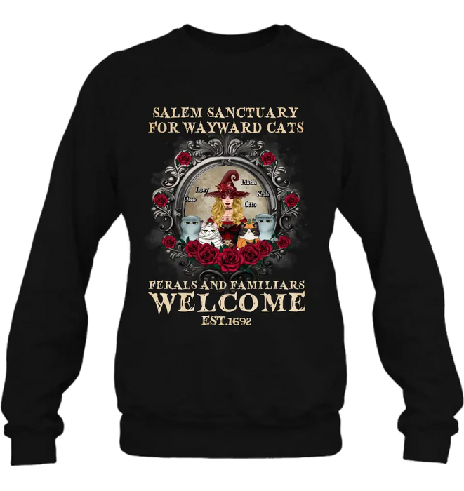 Personalized Halloween Cat Witch Shirt/Hoodie - Up to 4 Cats - Gift Idea For Cat Lovers - Salem Sanctuary for Wayward Cats Ferals and Familiars Welcome