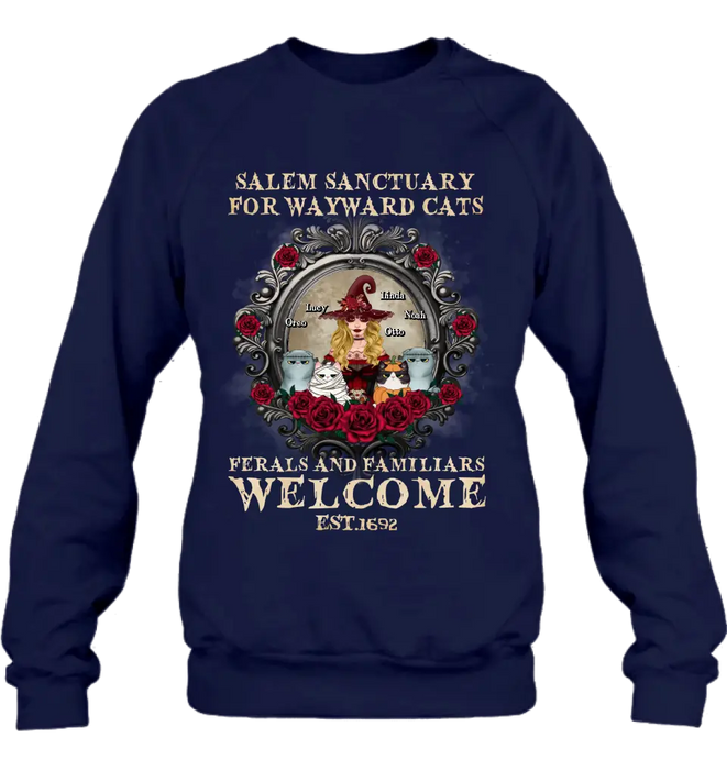 Personalized Halloween Cat Witch Shirt/Hoodie - Up to 4 Cats - Gift Idea For Cat Lovers - Salem Sanctuary for Wayward Cats Ferals and Familiars Welcome