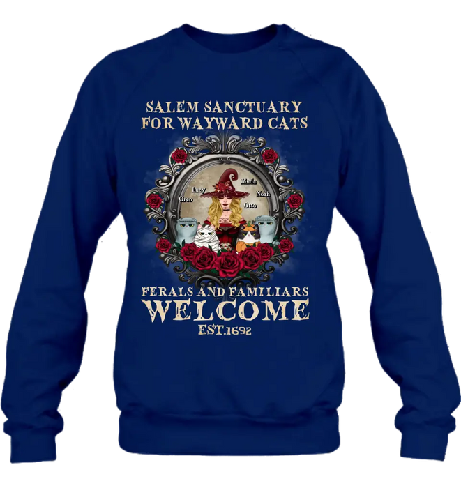 Personalized Halloween Cat Witch Shirt/Hoodie - Up to 4 Cats - Gift Idea For Cat Lovers - Salem Sanctuary for Wayward Cats Ferals and Familiars Welcome
