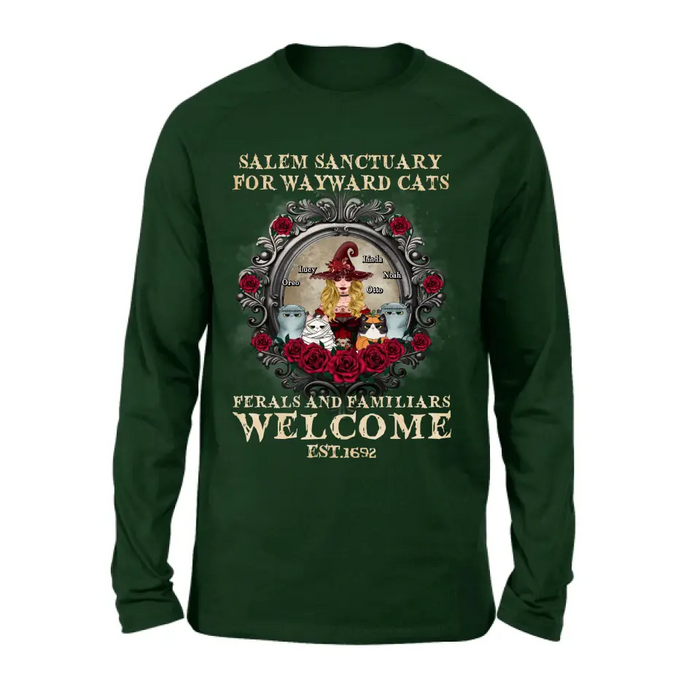 Personalized Halloween Cat Witch Shirt/Hoodie - Up to 4 Cats - Gift Idea For Cat Lovers - Salem Sanctuary for Wayward Cats Ferals and Familiars Welcome