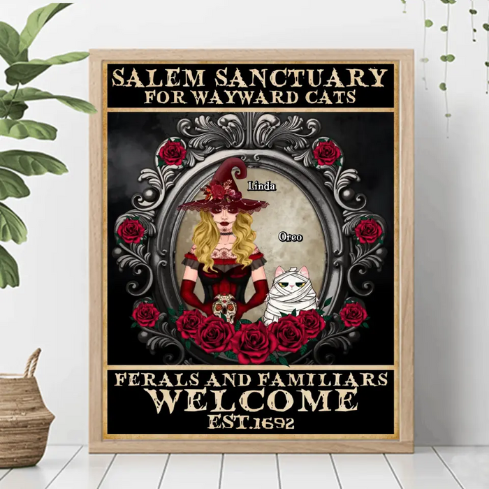 Personalized Halloween Cat Witch Poster - Up to 4 Cats - Halloween Gift For Cat Lovers/Wiccan Decor/Pagan Decor - Salem Sanctuary For Wayward Cats