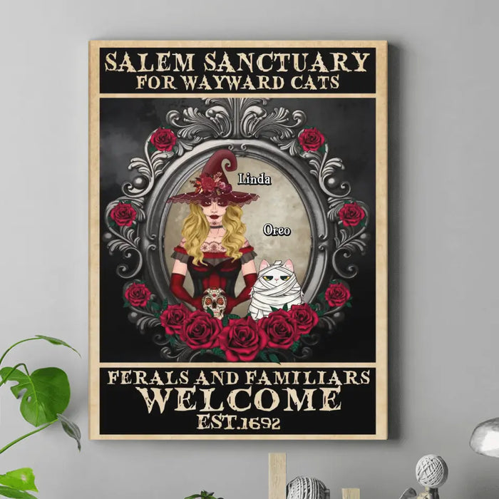 Personalized Halloween Cat Witch Canvas - Up to 4 Cats - Halloween Gift For Cat Lovers/Wiccan Decor/Pagan Decor/Wall Art Wicked Witch - Salem Sanctuary For Wayward Cats