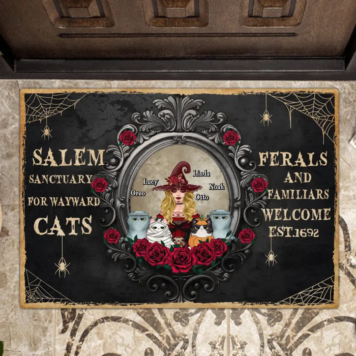 Personalized Halloween Cat Witch Doormat - Up to 4 Cats - Halloween Gift For Cat Lovers/Wiccan Decor/Pagan Decor - Salem Sanctuary For Wayward Cats