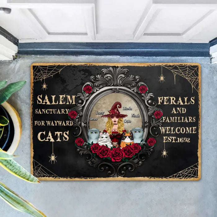 Personalized Halloween Cat Witch Doormat - Up to 4 Cats - Halloween Gift For Cat Lovers/Wiccan Decor/Pagan Decor - Salem Sanctuary For Wayward Cats