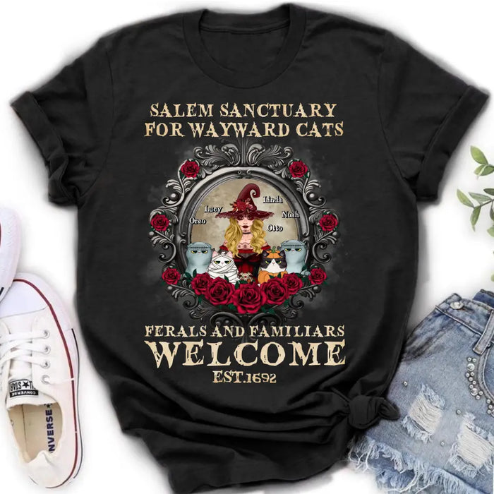 Personalized Halloween Cat Witch Shirt/Hoodie - Up to 4 Cats - Gift Idea For Cat Lovers - Salem Sanctuary for Wayward Cats Ferals and Familiars Welcome