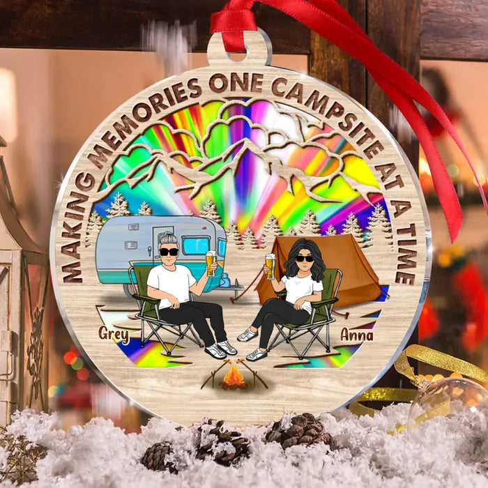 Personalized Camping Couple Suncatcher Acrylic Ornament - Gift Idea For Camping/Dog/Cat Lover - Up to 4 Pets - Making Memories One Campsite At A Time