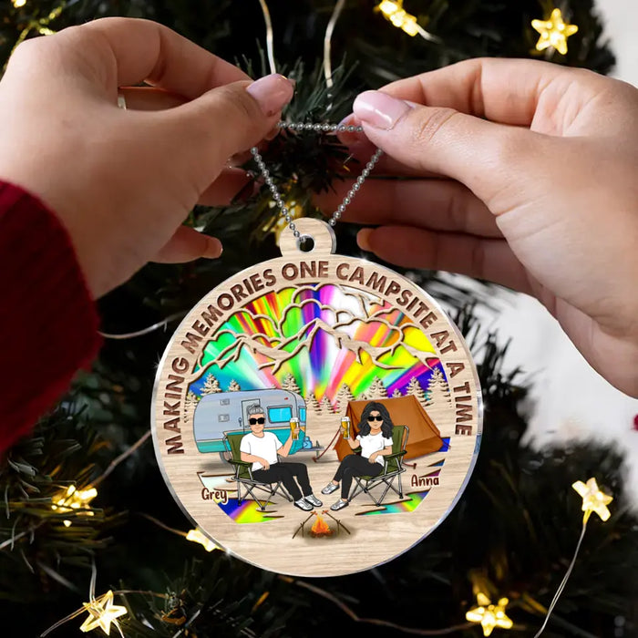 Personalized Camping Couple Suncatcher Acrylic Ornament - Gift Idea For Camping/Dog/Cat Lover - Up to 4 Pets - Making Memories One Campsite At A Time