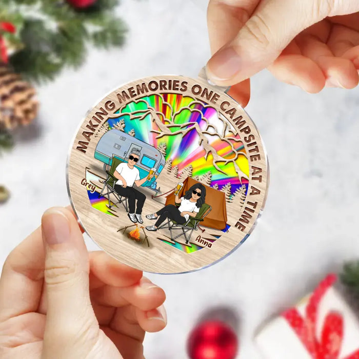 Personalized Camping Couple Suncatcher Acrylic Ornament - Gift Idea For Camping/Dog/Cat Lover - Up to 4 Pets - Making Memories One Campsite At A Time
