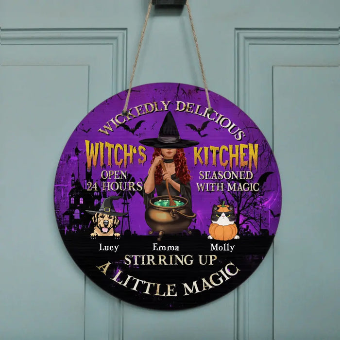 Personalized Witch Circle Door Sign - Halloween/Witch/Pagan/Wicca Decor/Pet Lovers Gift With Up to 6 Pets - Wickedly Delicious Witch's Kitchen