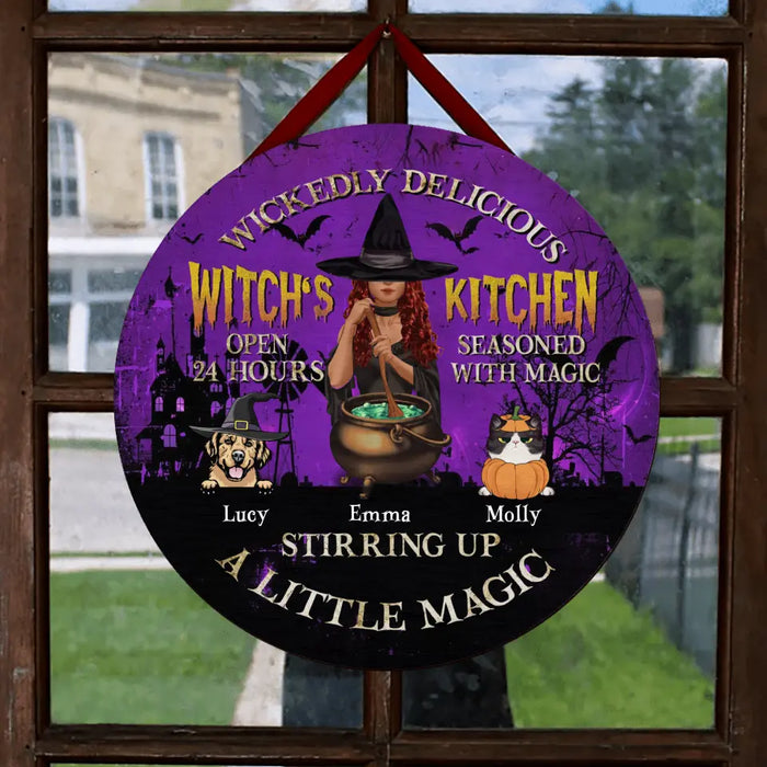 Personalized Witch Circle Door Sign - Halloween/Witch/Pagan/Wicca Decor/Pet Lovers Gift With Up to 6 Pets - Wickedly Delicious Witch's Kitchen