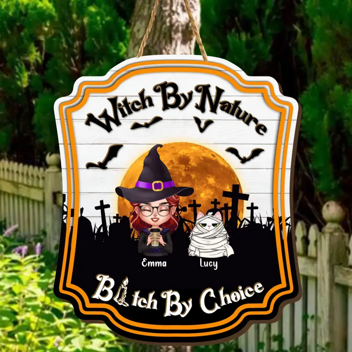 Personalized Witch Wooden Sign - Up to 6 Cats/Dogs - Halloween Gift For Pet Lovers/Wiccan Decor/Pagan Decor - Witch By Nature Bitch By Choice