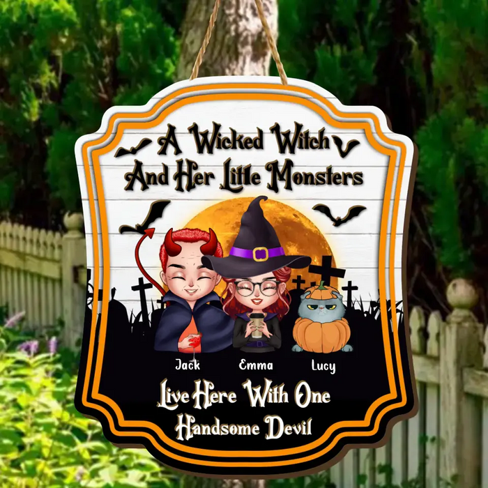 Personalized Halloween Witch Wooden Sign - Adult/Couple With Up to 6 Cats/Dogs - Halloween Gift For Couple/Pet Lovers - A Wicked Witch And Her Little Monsters Live Here