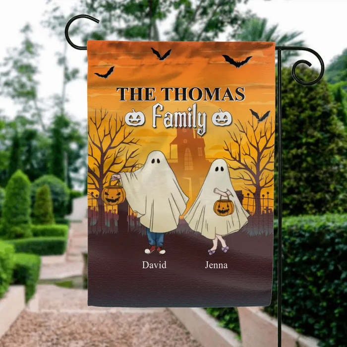 Personalized Halloween Ghost Flag Sign - Halloween Gift For Couple/Family - Up to 5 People With 4 Pets - The Thomas Family