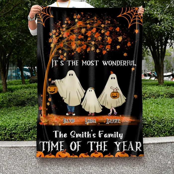 Personalized Halloween Ghost Family Flag Sign - Halloween Gift For Couple/Family - Up to 6 People With 3 Pets - It's The Most Wonderful Time Of The Year