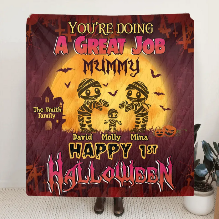 Personalized 1st Halloween Fleece Throw Blanket/Quilt - Gift Idea For Halloween/Family - You're Doing A Great Job Mummy Happy 1st Halloween