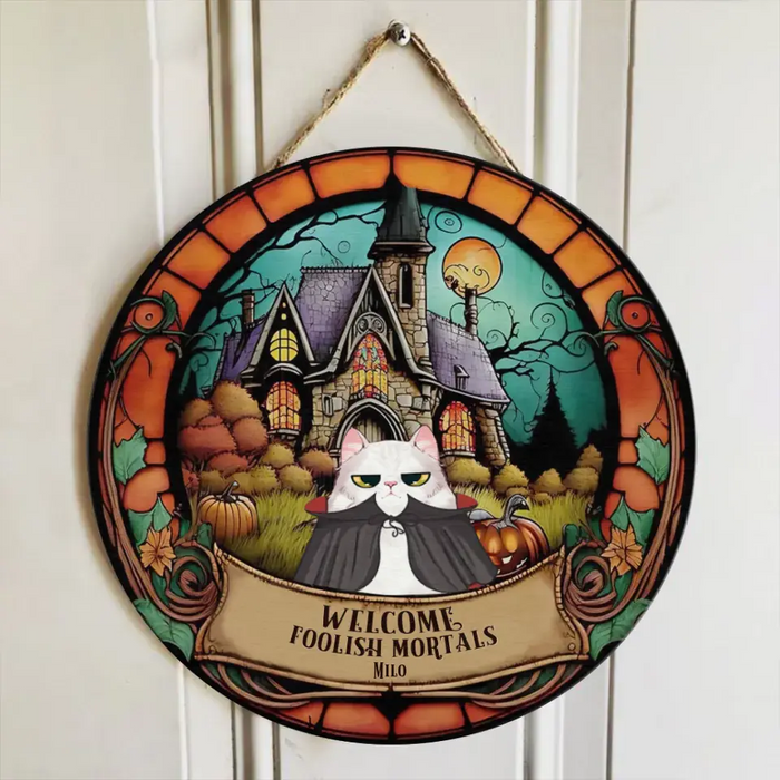 Personalized Little Meownsters Wooden Sign - Up to 5 Cats - Halloween Gift For Cat Lovers - Welcome Foolish Mortals