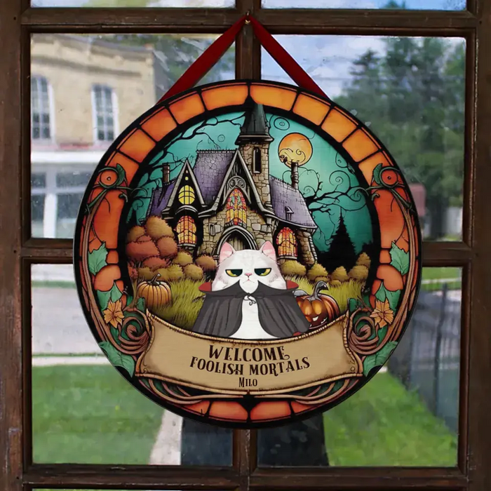 Personalized Little Meownsters Wooden Sign - Up to 5 Cats - Halloween Gift For Cat Lovers - Welcome Foolish Mortals