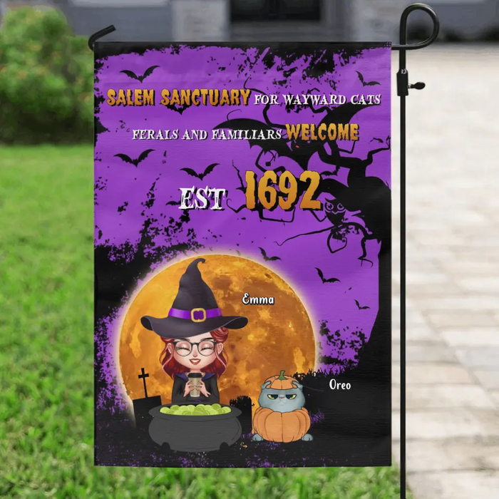 Personalized Wicked Witch Flag Sign - Halloween Gift For Couple/Dog/Cat Lovers - Adult/Couple With Up to 4 Pets - Salem Sanctuary For Wayward Cats Ferals And Familiars Welcome Est 1692