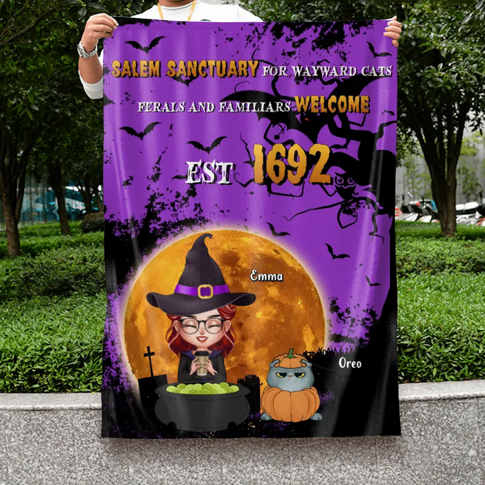Personalized Wicked Witch Flag Sign - Halloween Gift For Couple/Dog/Cat Lovers - Adult/Couple With Up to 4 Pets - Salem Sanctuary For Wayward Cats Ferals And Familiars Welcome Est 1692