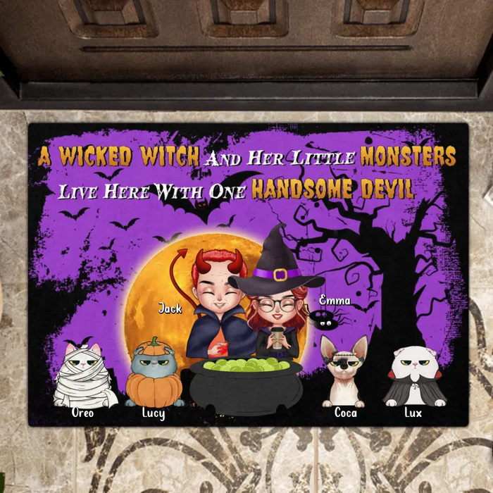 Personalized Witch Doormat - Halloween Gift For Dog/Cat Lovers - Adult/Couple With Up to 6 Pets - A Wicked Witch And Her Little Monsters Live Here