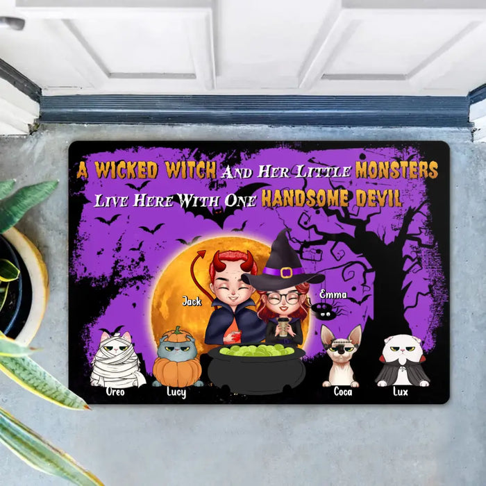 Personalized Witch Doormat - Halloween Gift For Dog/Cat Lovers - Adult/Couple With Up to 6 Pets - A Wicked Witch And Her Little Monsters Live Here