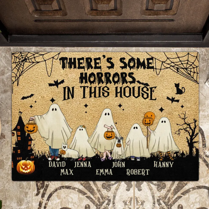 Personalized Halloween Ghost Family Doormat - Halloween Gift For Couple/Family - Up to 5 People With 4 Pets - There's Some Horrors In This House