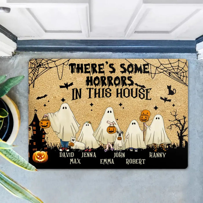 Personalized Halloween Ghost Family Doormat - Halloween Gift For Couple/Family - Up to 5 People With 4 Pets - There's Some Horrors In This House