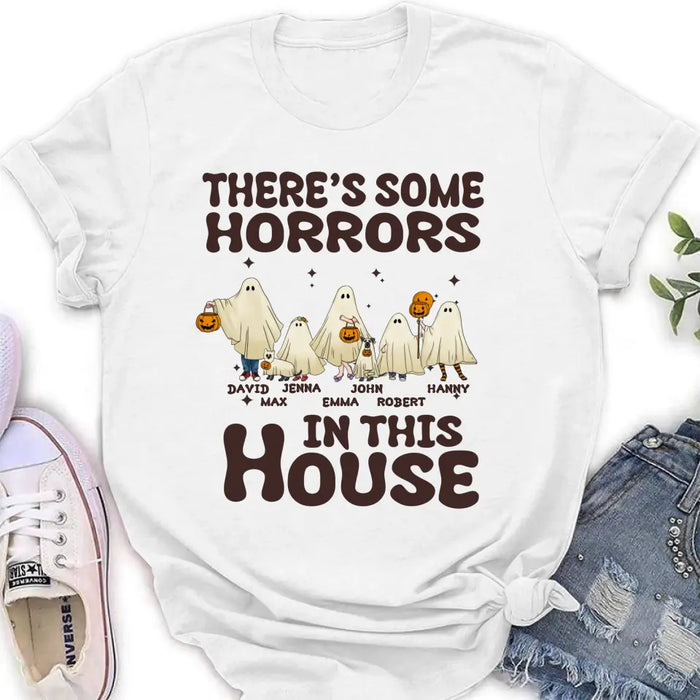 Personalized Halloween Ghost Family Shirt/Hoodie - Halloween Gift For Couple/Family - Up to 5 People With 4 Pets - There's Some Horrors In This House