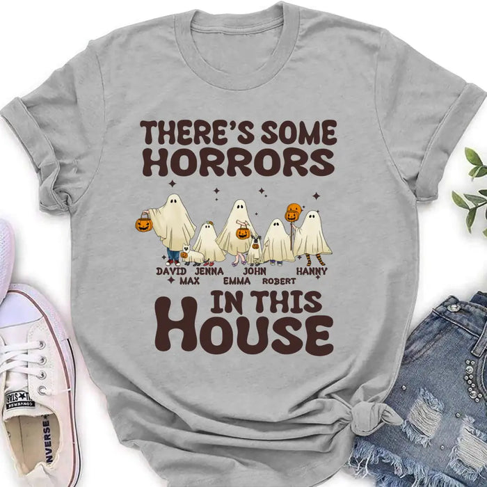 Personalized Halloween Ghost Family Shirt/Hoodie - Halloween Gift For Couple/Family - Up to 5 People With 4 Pets - There's Some Horrors In This House