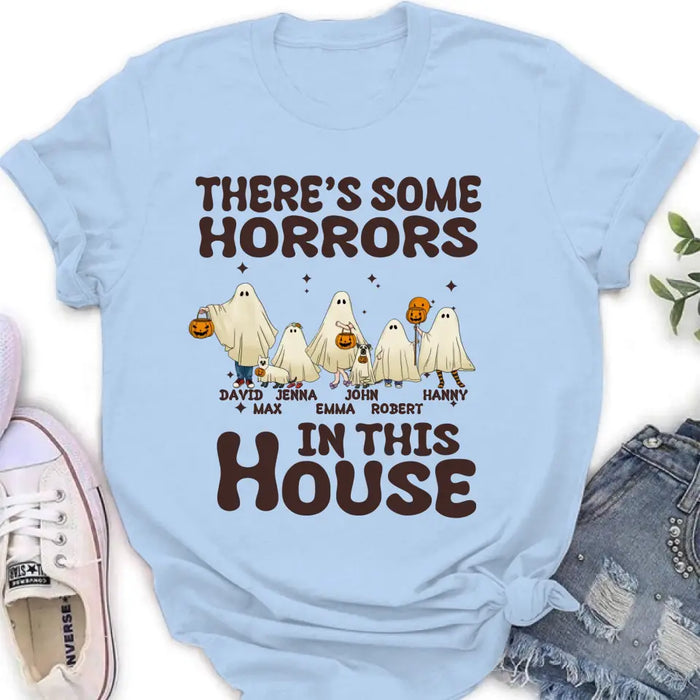 Personalized Halloween Ghost Family Shirt/Hoodie - Halloween Gift For Couple/Family - Up to 5 People With 4 Pets - There's Some Horrors In This House