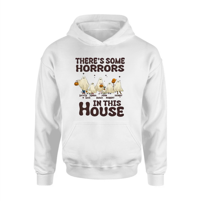 Personalized Halloween Ghost Family Shirt/Hoodie - Halloween Gift For Couple/Family - Up to 5 People With 4 Pets - There's Some Horrors In This House