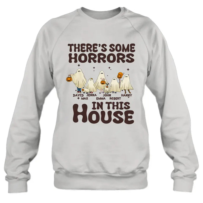 Personalized Halloween Ghost Family Shirt/Hoodie - Halloween Gift For Couple/Family - Up to 5 People With 4 Pets - There's Some Horrors In This House