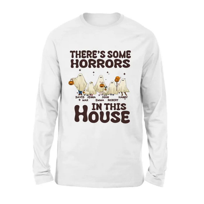 Personalized Halloween Ghost Family Shirt/Hoodie - Halloween Gift For Couple/Family - Up to 5 People With 4 Pets - There's Some Horrors In This House
