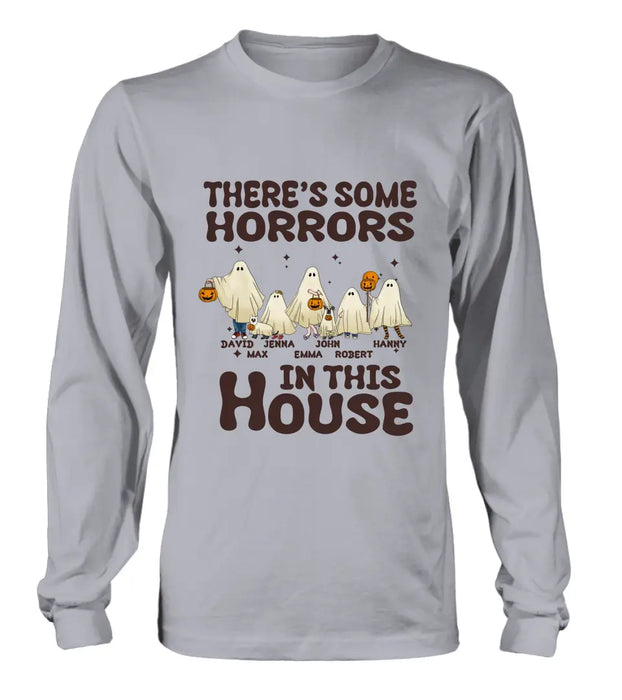 Personalized Halloween Ghost Family Shirt/Hoodie - Halloween Gift For Couple/Family - Up to 5 People With 4 Pets - There's Some Horrors In This House
