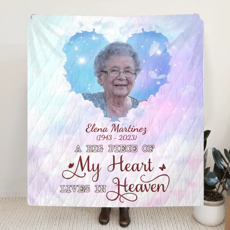 Personalized Memorial Photo Fleece Throw Blanket/Quilt - Memorial Gift Idea For Family Member - A Big Piece Of My Heart Lives In Heaven