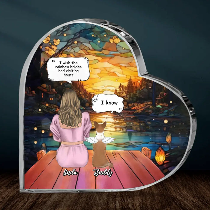 Personalized Memorial Dog Mom Crystal Heart - Up to 4 Dogs - Memorial Gift Idea For Dog Owners - I Wish The Rainbow Bridge Had Visiting Hours
