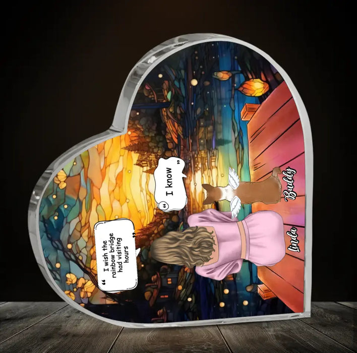 Personalized Memorial Dog Mom Crystal Heart - Up to 4 Dogs - Memorial Gift Idea For Dog Owners - I Wish The Rainbow Bridge Had Visiting Hours