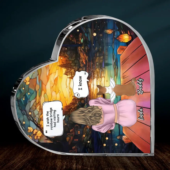Personalized Memorial Dog Mom Crystal Heart - Up to 4 Dogs - Memorial Gift Idea For Dog Owners - I Wish The Rainbow Bridge Had Visiting Hours