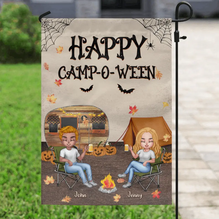 Personalized Halloween Camping Flag Sign - Up to 7 People - Halloween/Autumn Gift Idea for Camping Lovers/Couple/Friends - Happy Camp-O-Ween