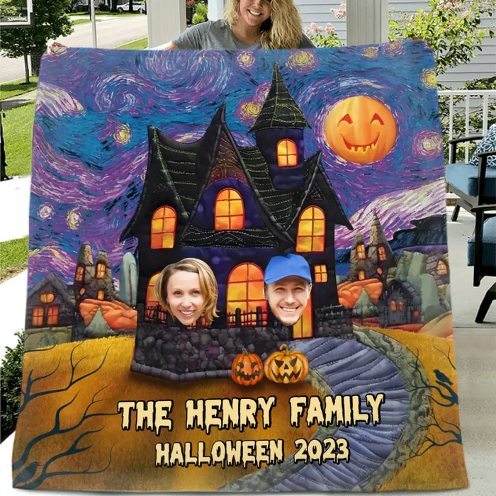 Personalized Halloween Family Quilt/Fleece Throw Blanket - Upload Up to 9 Photos - Gift Idea For Halloween/Family - Halloween 2023