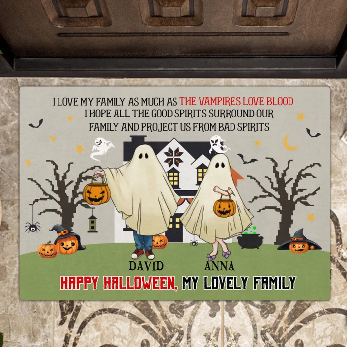 Personalized Halloween Ghost Family Doormat - Halloween Gift For Couple/Family - Up to 5 People With 4 Pets - I Love My Family