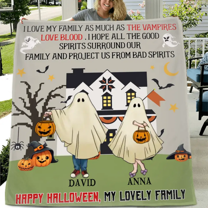 Personalized Halloween Ghost Family Quilt/Fleece Throw Blanket - Halloween Gift For Couple/Family - Up to 5 People With 4 Pets - I Love My Family