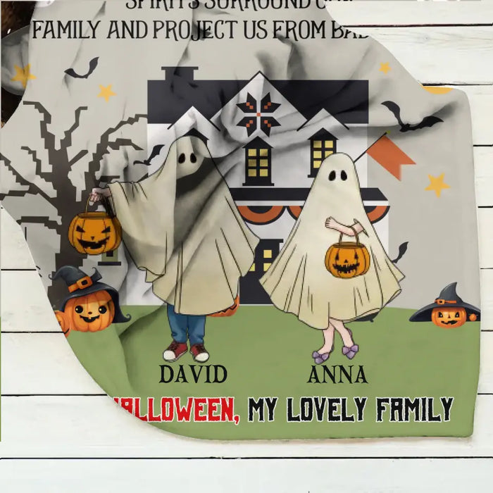 Personalized Halloween Ghost Family Quilt/Fleece Throw Blanket - Halloween Gift For Couple/Family - Up to 5 People With 4 Pets - I Love My Family