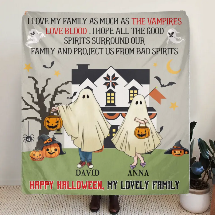 Personalized Halloween Ghost Family Quilt/Fleece Throw Blanket - Halloween Gift For Couple/Family - Up to 5 People With 4 Pets - I Love My Family