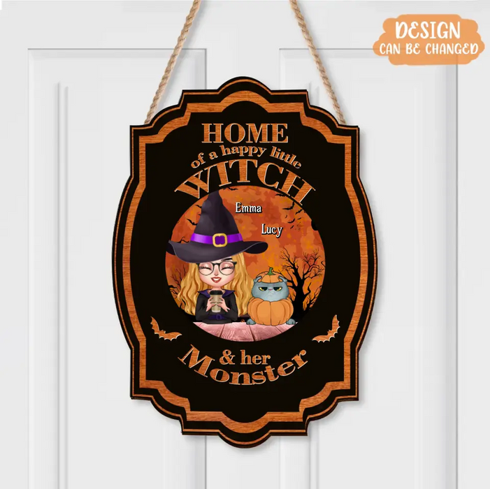 Personalized Witch Wooden Sign - Up to 6 Cats/Dogs - Halloween Gift Idea for Dog/Cat Lovers - Home Of A Happy Little Witch & Her Monster