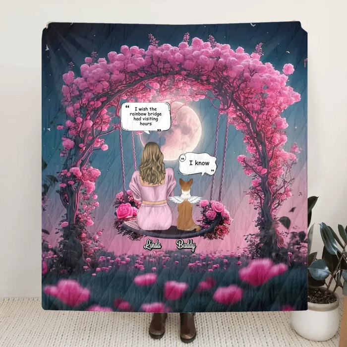 Custom Memorial Dog Mom Quilt/Fleece Throw Blanket - Up to 4 Dogs - Memorial Gift Idea For Dog Owners - I Wish The Rainbow Bridge Had Visiting Hours
