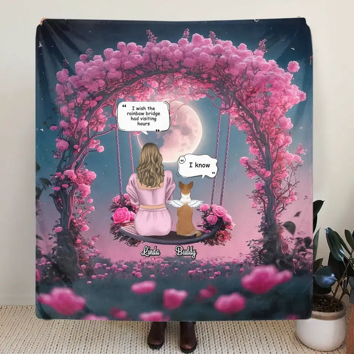 Custom Memorial Dog Mom Quilt/Fleece Throw Blanket - Up to 4 Dogs - Memorial Gift Idea For Dog Owners - I Wish The Rainbow Bridge Had Visiting Hours