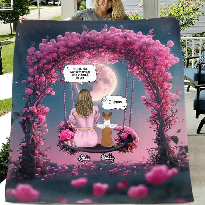 Custom Memorial Dog Mom Quilt/Fleece Throw Blanket - Up to 4 Dogs - Memorial Gift Idea For Dog Owners - I Wish The Rainbow Bridge Had Visiting Hours