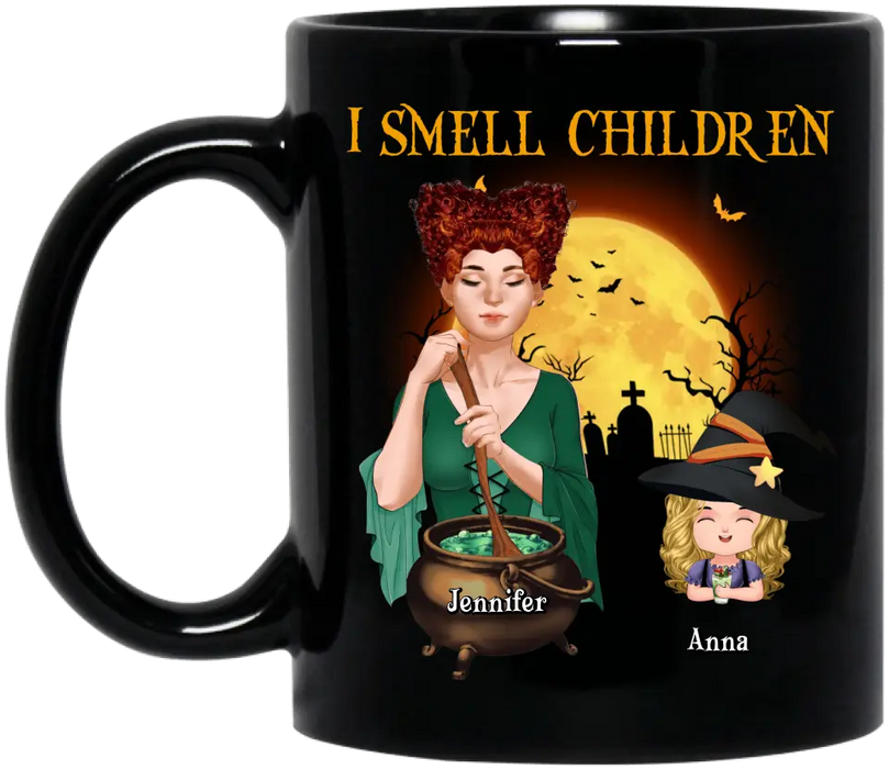 Personalized Grandma Witch Coffee Mug - Halloween Gift Idea For Grandma/Mother - Woman With Up to 6 Kids - I Smell Children