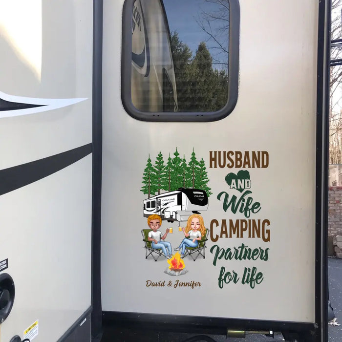 Personalized Husband And Wife Camping 3D Decal - Gift Idea For Couple/Camping Lovers/RVs Owners - Let's Sit By The Campfire And Watch People Park Their Campers